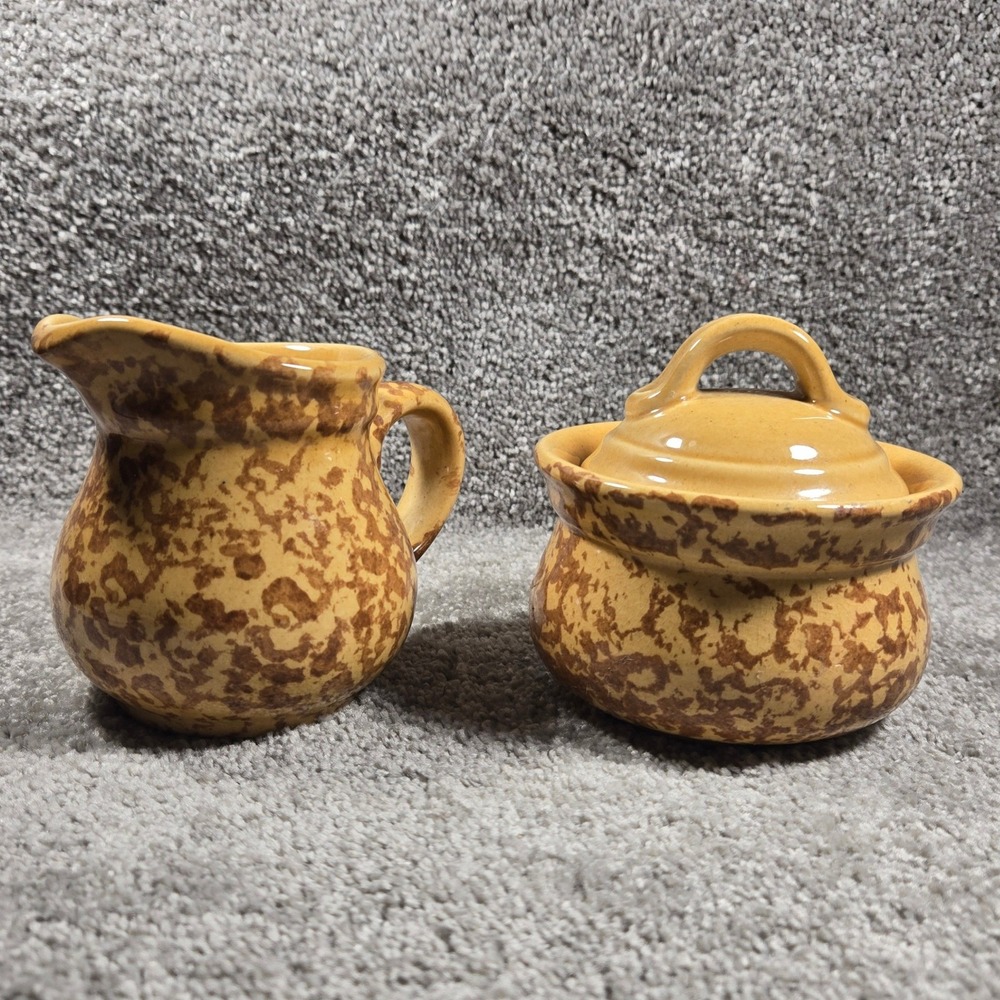 Pfaltzgraff Pottery Spongeware Creamer and Sugar Bowl Set Gold Brown USA Vintage